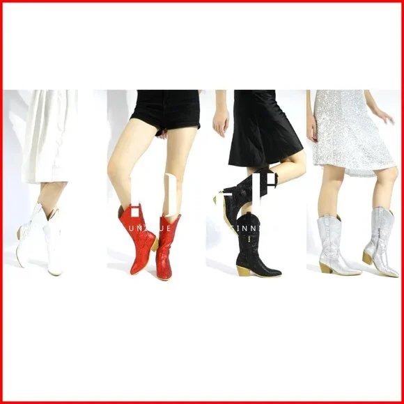 Rhinestone Cowboy Boots Mid Calf Western Sparkly Block Heel Zipper - Picture 7 of 7